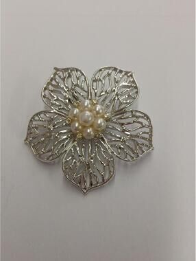 Silver Tone Flower Brooch with Faux Pearl Center